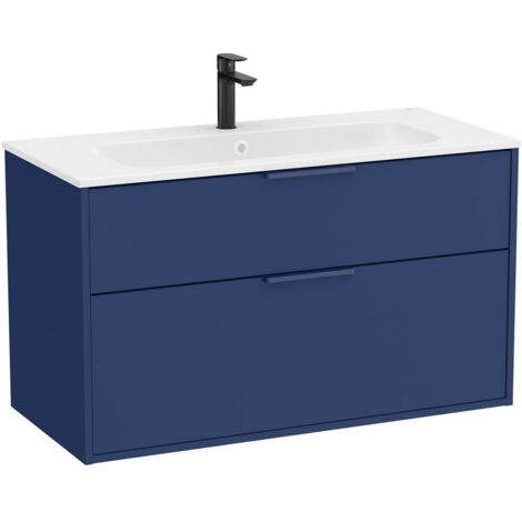 Pack meuble unik "OPTICA" 1000 - 2 tiroirs + lavabo plan en Stonex - Bleu acier Mat - Roca