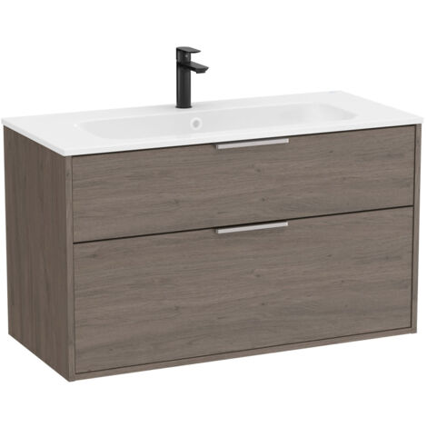 Pack meuble unik "OPTICA" 1000 - 2 tiroirs + lavabo plan en Stonex - Chêne foncé - Roca