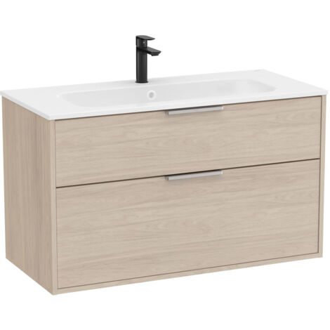 Pack meuble unik "OPTICA" 1000 - 2 tiroirs + lavabo plan en Stonex - Frêne clair - Roca