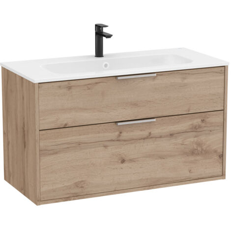 Pack meuble unik "OPTICA" 1000 - 2 tiroirs + lavabo plan en Stonex - Noyer - Roca