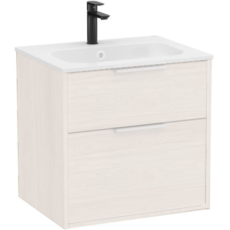 Pack meuble unik "OPTICA" 600 - 2 tiroirs + lavabo plan en Stonex - Blanc Mat - Roca