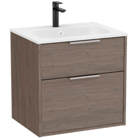 Pack meuble unik "OPTICA" 600 - 2 tiroirs + lavabo plan en Stonex - Chêne Foncé - Roca