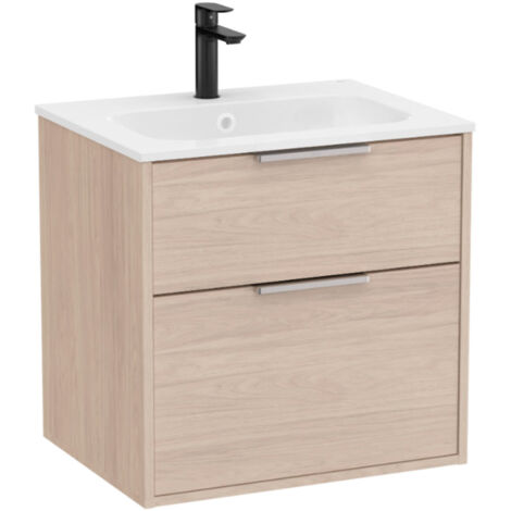 Pack meuble unik "OPTICA" 600 - 2 tiroirs + lavabo plan en Stonex - Frêne Clair - Roca