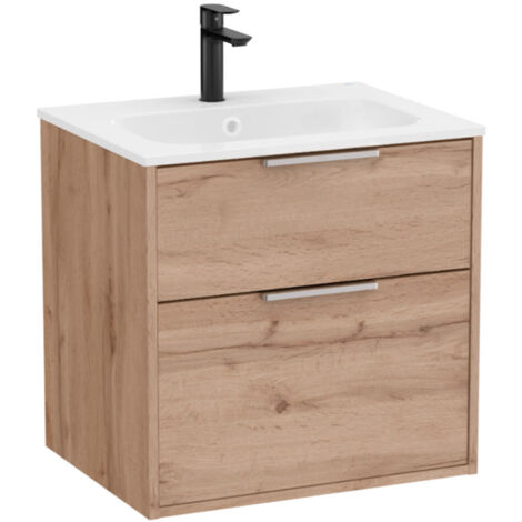 Pack meuble unik "OPTICA" 600 - 2 tiroirs + lavabo plan en Stonex - Noyer - Roca