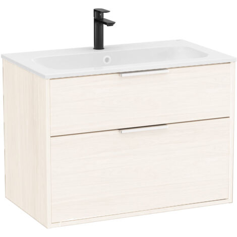 Pack meuble unik "OPTICA" 800 - 2 tiroirs + lavabo plan en Stonex - Blanc Mat - Roca
