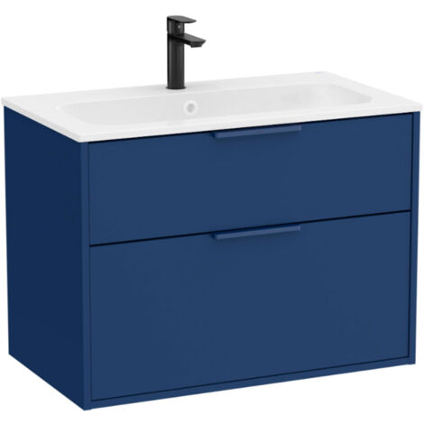 Pack meuble unik "OPTICA" 800 - 2 tiroirs + lavabo plan en Stonex - Bleu Acier Mat - Roca