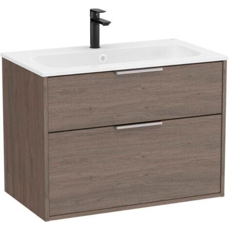 Pack meuble unik "OPTICA" 800 - 2 tiroirs + lavabo plan en Stonex - Chêne Foncé - Roca