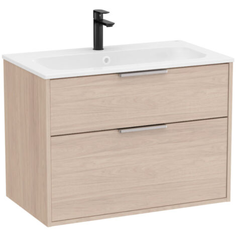 Pack meuble unik "OPTICA" 800 - 2 tiroirs + lavabo plan en Stonex - Frêne Clair - Roca