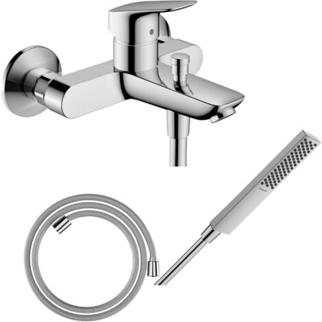 Pack mezclador mecánico baño ducha HANSGROHE Logis + flexo Designflex + rociador HANSGROHE Pulsify E 100 EcoSmart cromado