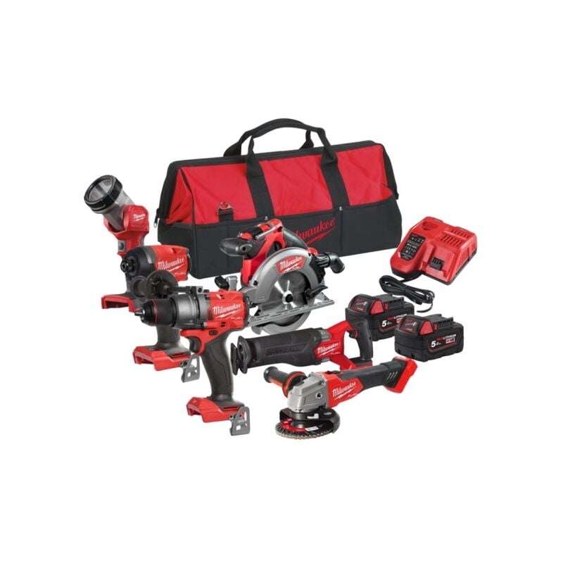 Confezione da 6 utensili Milwaukee 18V: M18 FPD3-0 + M18 FID3-0 + M18 FSAG125X-0 + M18 FSZ-0 + M18 CCS55-0 + M18 TLED-0 + 2 batt 5Ah + borsa