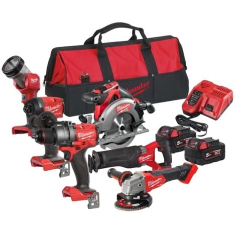 Pack Milwaukee 6 outils 18V : M18 FPD3-0 + M18 FID3-0 + M18 FSAG125X-0 + M18 FSZ-0 + M18 CCS55-0 + M18 TLED-0 + 2 batt 5Ah + sac