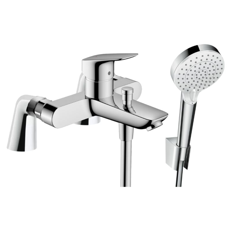 Pack mitigeur bain douche Hansgrohe Logis + douchette à main Hansgrohe Crometta avec colonnettes