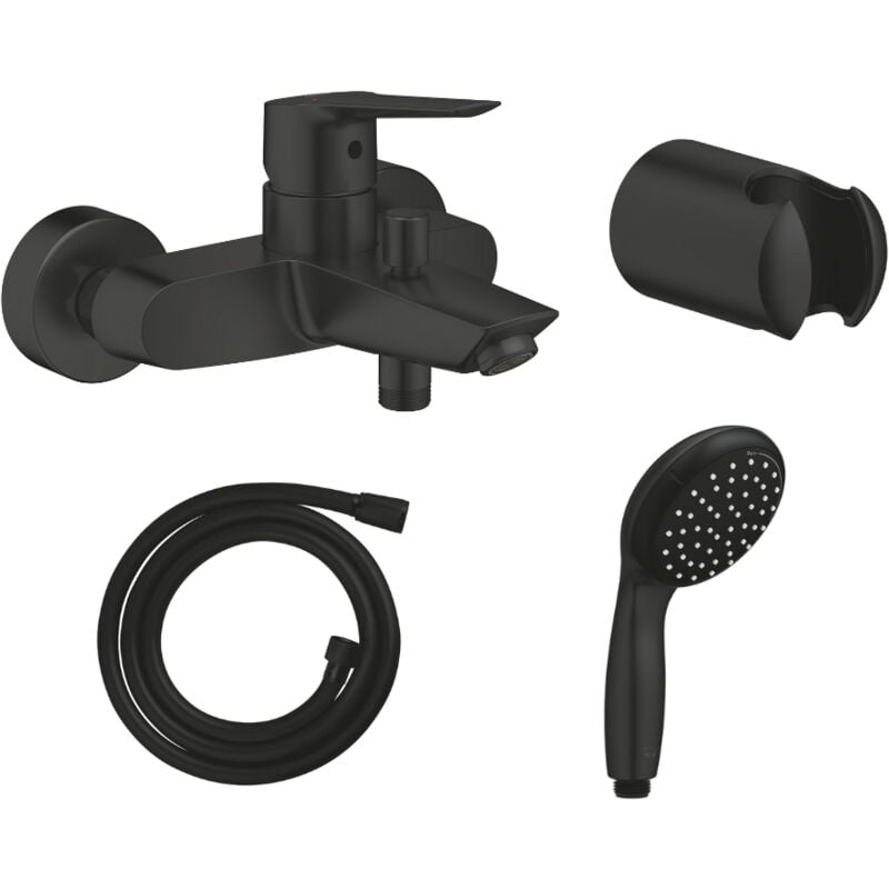 Pack mitigeur bain douche mécanique + flexible + pommeau de douche + support GROHE noir mat - Noir mat