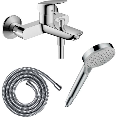Pack mitigeur bain douche mécanique HANSGROHE Logis + Flexible Metaflex + Pommeau Vernis Blend 100 EcoSmart 2jets chromé