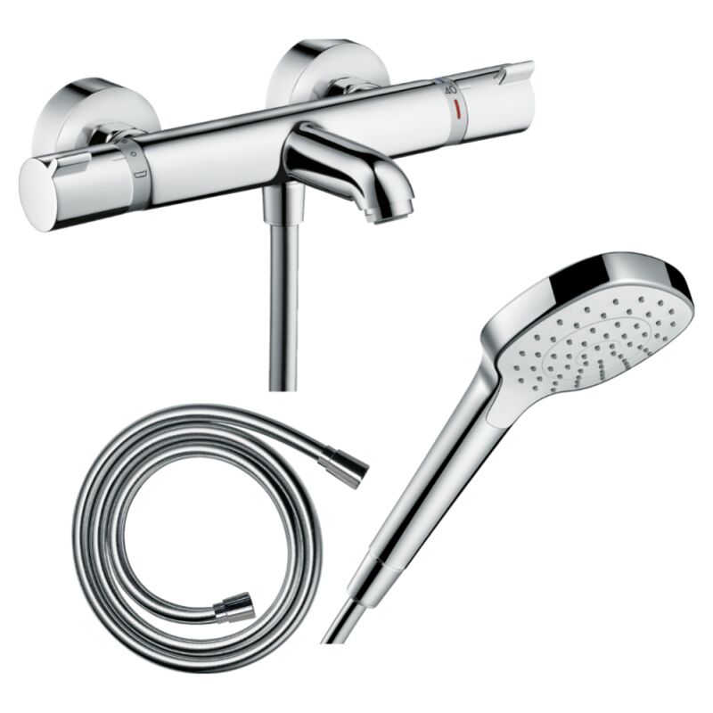 Pack mitigeur bain thermostatique Hansgrohe Ecostat Comfort + Flexible Isiflex 1,6m + Pommeau Croma Select e EcoSmart chromé