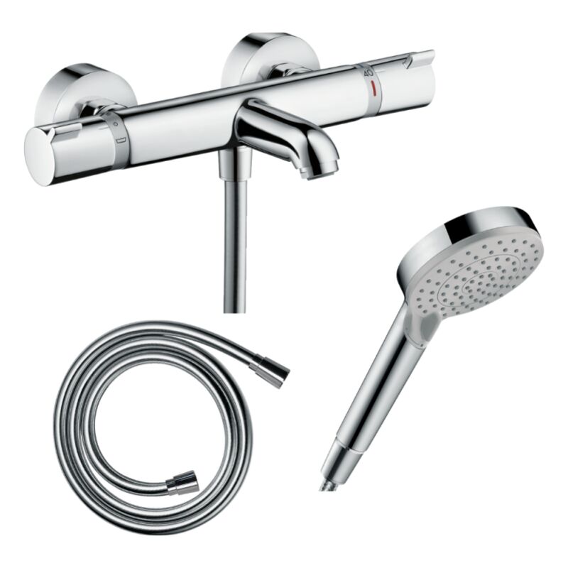Pack mitigeur bain thermostatique Hansgrohe Ecostat Comfort + Flexible Isiflex 1,6m + Pommeau Vernis Blend EcoSmart 2 jets chromé