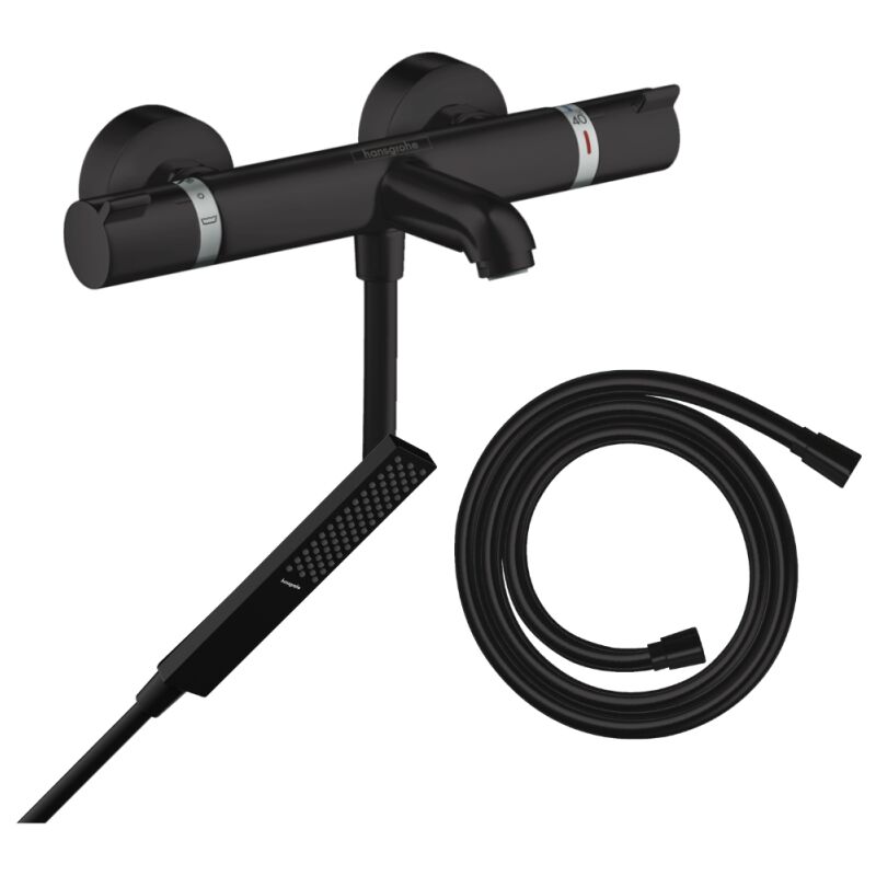 Pack mitigeur bain douche thermostatique Hansgrohe Ecostat Comfort + Flexible Isiflex + Pommeau Pulsify e noir mat