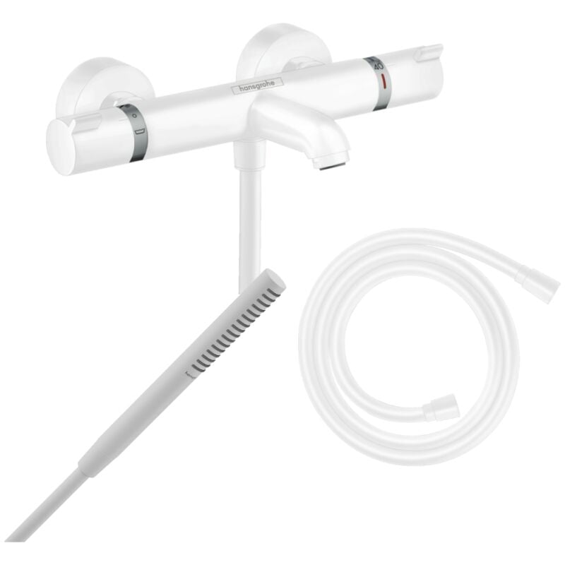 Pack mitigeur bain douche thermostatique Hansgrohe Ecostat Comfort + Flexible Isiflex + Pommeau Pulsify s blanc mat