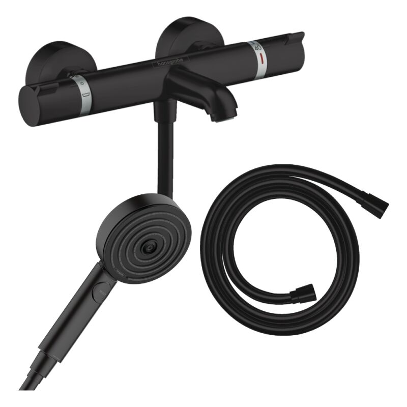Pack mitigeur bain douche thermostatique Hansgrohe Ecostat Comfort + Flexible Isiflex + Pommeau Pulsify Select 3jets Relaxation noir mat