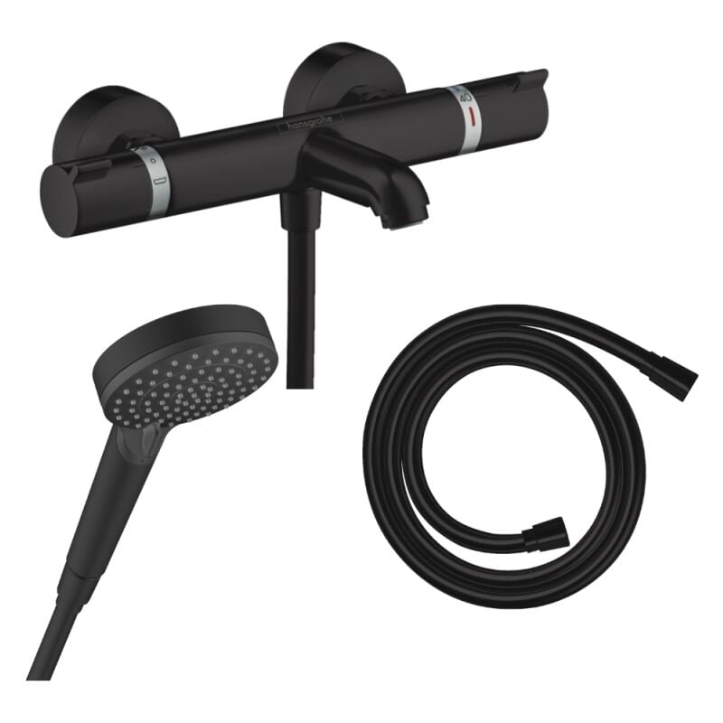 Pack mitigeur bain douche thermostatique Hansgrohe Ecostat Comfort + Flexible Isiflex + Pommeau Vernis Blend Vario noir mat