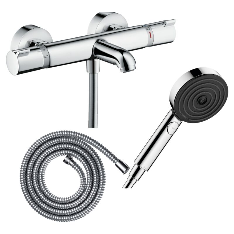 Pack mitigeur bain thermostatique Hansgrohe Ecostat Comfort + Flexible Metaflex 1,6m + Pommeau Pulsify EcoSmart 3 jets chromé