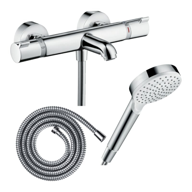 Pack mitigeur bain thermostatique Hansgrohe Ecostat Comfort + Flexible Metaflex 1,6m + Pommeau Vernis Blend EcoSmart chromé