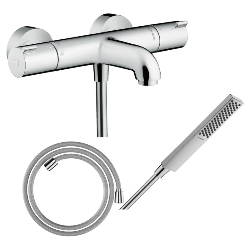 Pack mitigeur bain thermostatique Hansgrohe Ecostat 1001CL + Flexible Designflex + Pommeau Hansgrohe Pulsify e 100 EcoSmart chromé