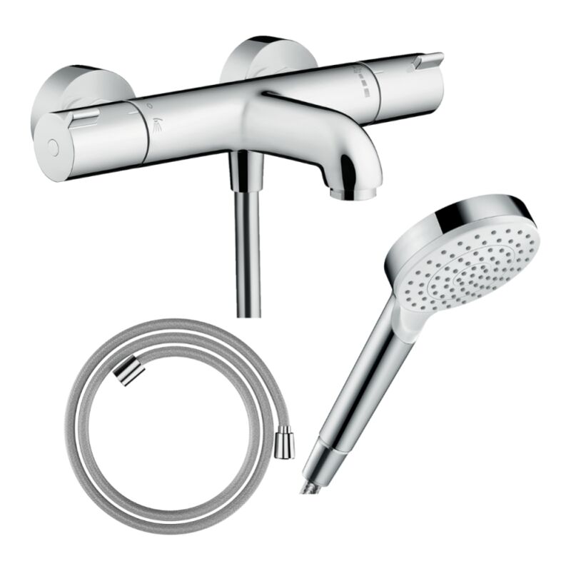 Pack mitigeur bain thermostatique Hansgrohe Ecostat 1001CL + Flexible Designflex + Pommeau Vernis Blend 100 EcoSmart 1jet chromé