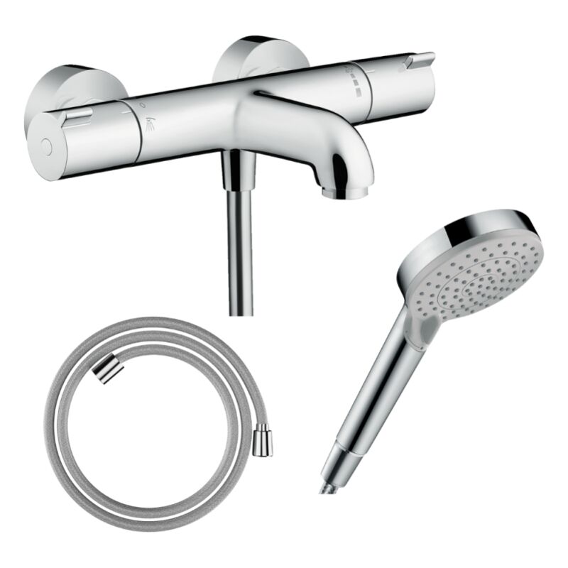 Pack mitigeur bain thermostatique Hansgrohe Ecostat 1001CL + Flexible Designflex + Pommeau Vernis Blend 100 EcoSmart 2jets chromé