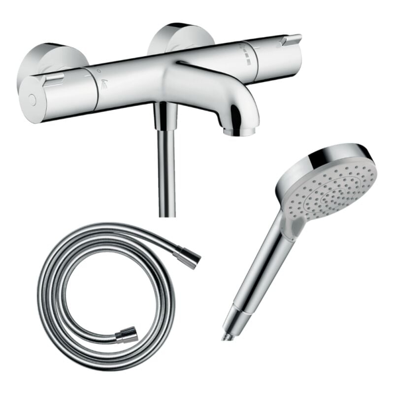 Pack mitigeur bain thermostatique Hansgrohe Ecostat 1001CL + Flexible Isiflex + Pommeau Vernis Blend 100 EcoSmart 2jets chromé