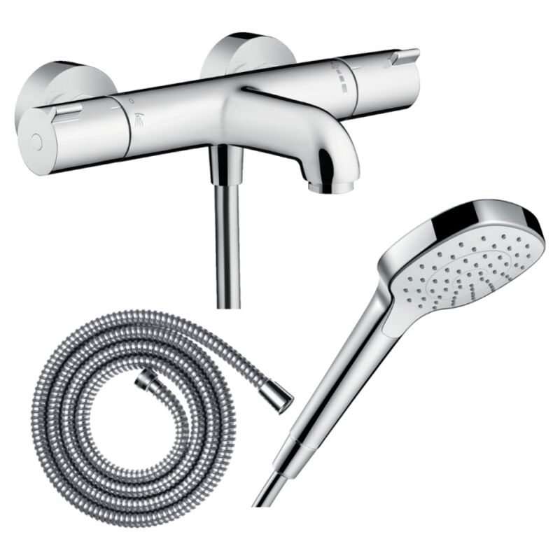 Pack mitigeur bain thermostatique Hansgrohe Ecostat 1001CL + Flexible Metaflex + Pommeau Croma Select e EcoSmart blanc/chromé