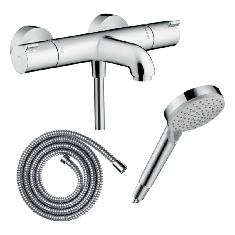 Pack mitigeur bain thermostatique Hansgrohe Ecostat 1001CL + Flexible Metaflex + Pommeau Vernis Blend 100 EcoSmart 2jets chromé