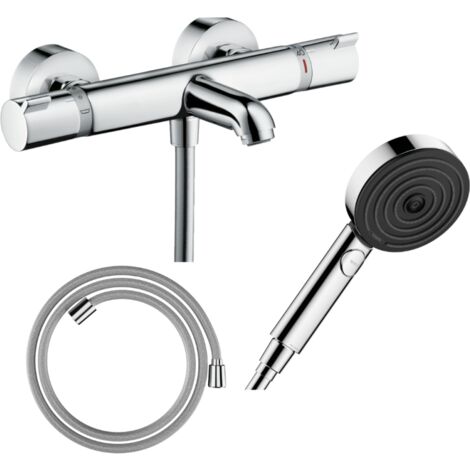 Pack mitigeur bain thermostatique HANSGROHE Ecostat Comfort + Flexible Designflex 1,6m + Pommeau Pulsify EcoSmart 3 jets chromé