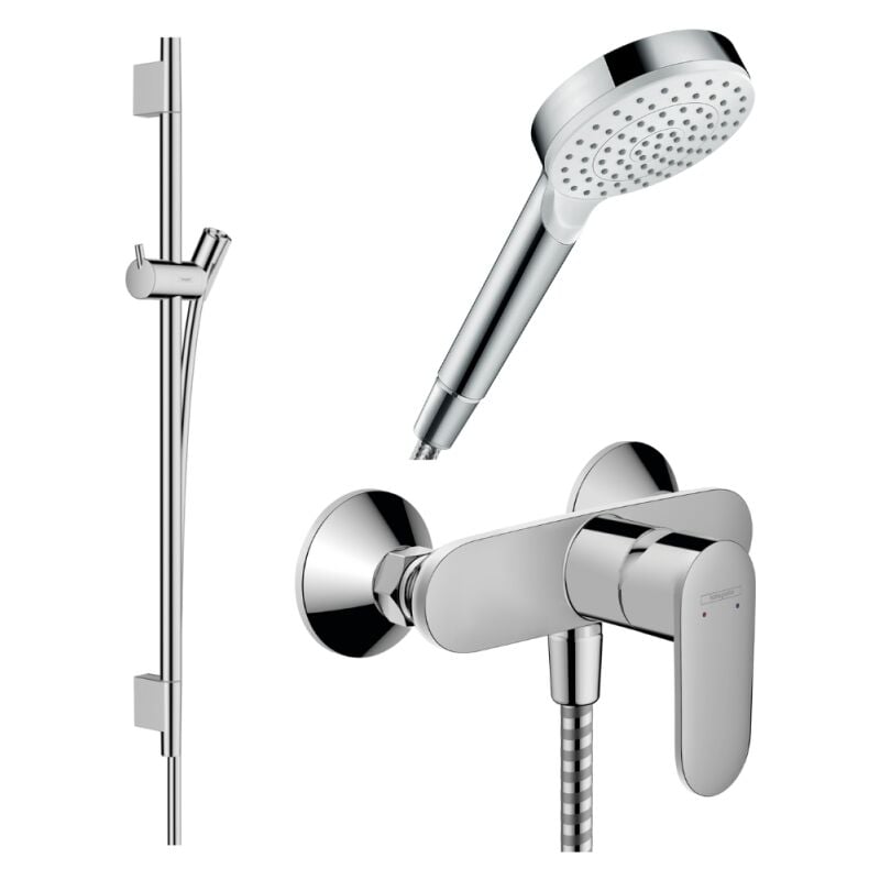 Pack mitigeur douche mécanique cartouche 2 vitesses Hansgrohe Vernis Blend + Barre Unica s Puro + flexible + Pommeau Crometta blanc/chromé