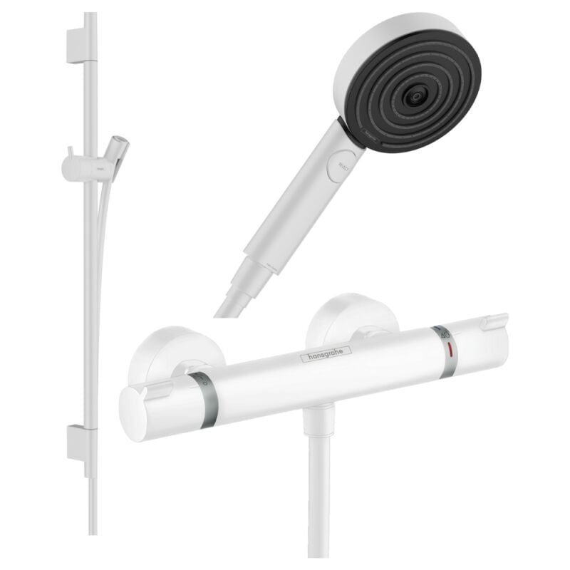 Hansgrohe - Pack mitigeur douche thermostatique Ecostat Comfort + Barre Unica + flexible + Pommeau Pulsify Select 3 jets blanc mat
