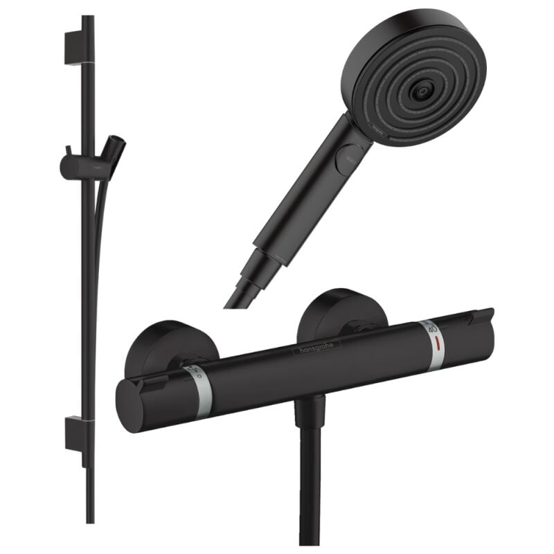 Hansgrohe - Pack mitigeur douche thermostatique Ecostat Comfort + Barre Unica + flexible + Pommeau Pulsify Select 3 jets noir mat