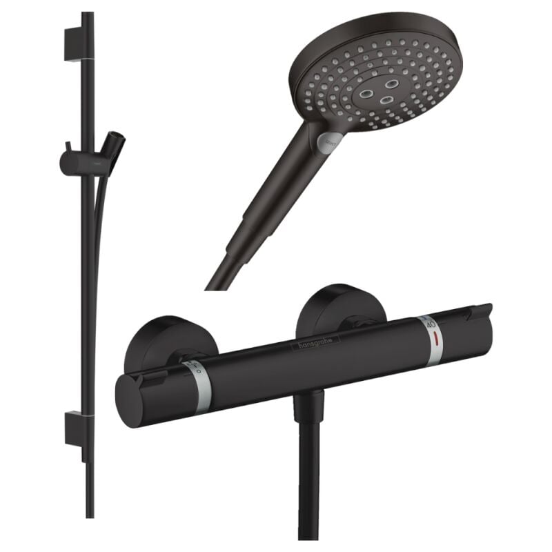 Pack mitigeur douche thermostatique Hansgrohe Ecostat Comfort + Barre Unica + flexible + Pommeau Raindance 3 jets noir mat