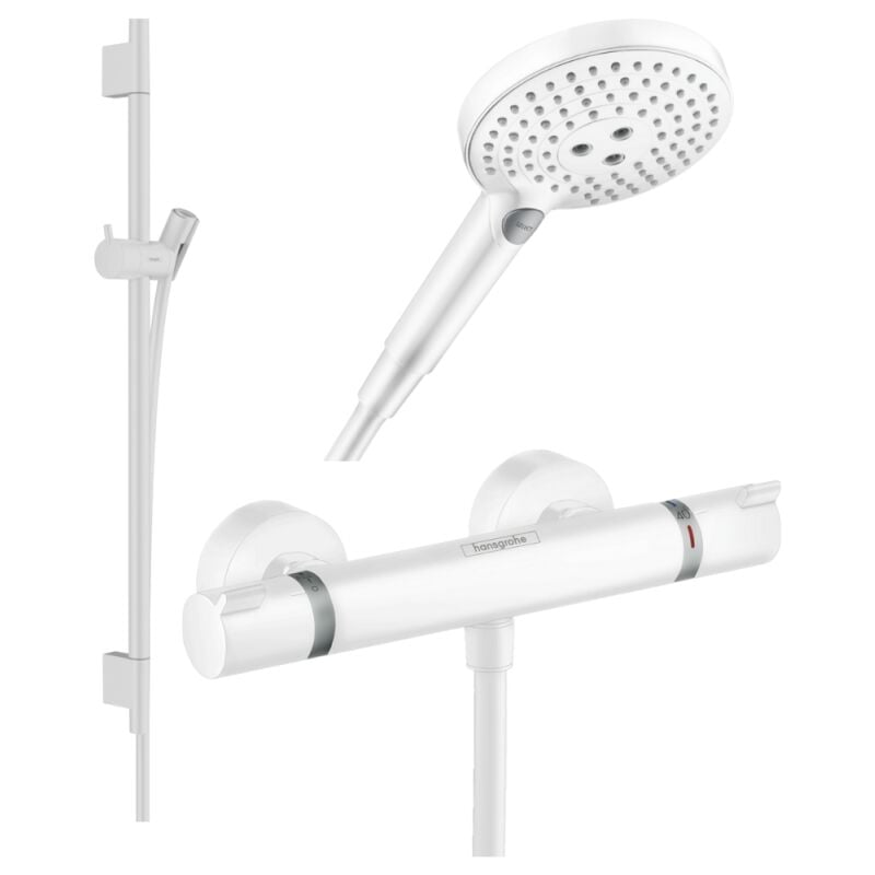 Pack mitigeur douche thermostatique Hansgrohe Ecostat Comfort + Barre Unica + flexible + Pommeau Raindance 3 jets blanc mat