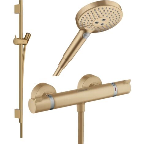 Pack mitigeur douche thermostatique HANSGROHE Ecostat Comfort + Barre Unica + flexible + Pommeau Raindance 3 jets bronze brossé