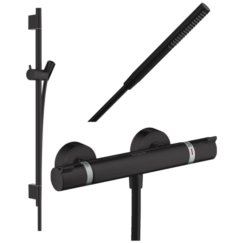 Pack mitigeur douche thermostatique Hansgrohe Ecostat Comfort + Barre Unica s Puro + flexible + Pommeau Pulsify s noir mat