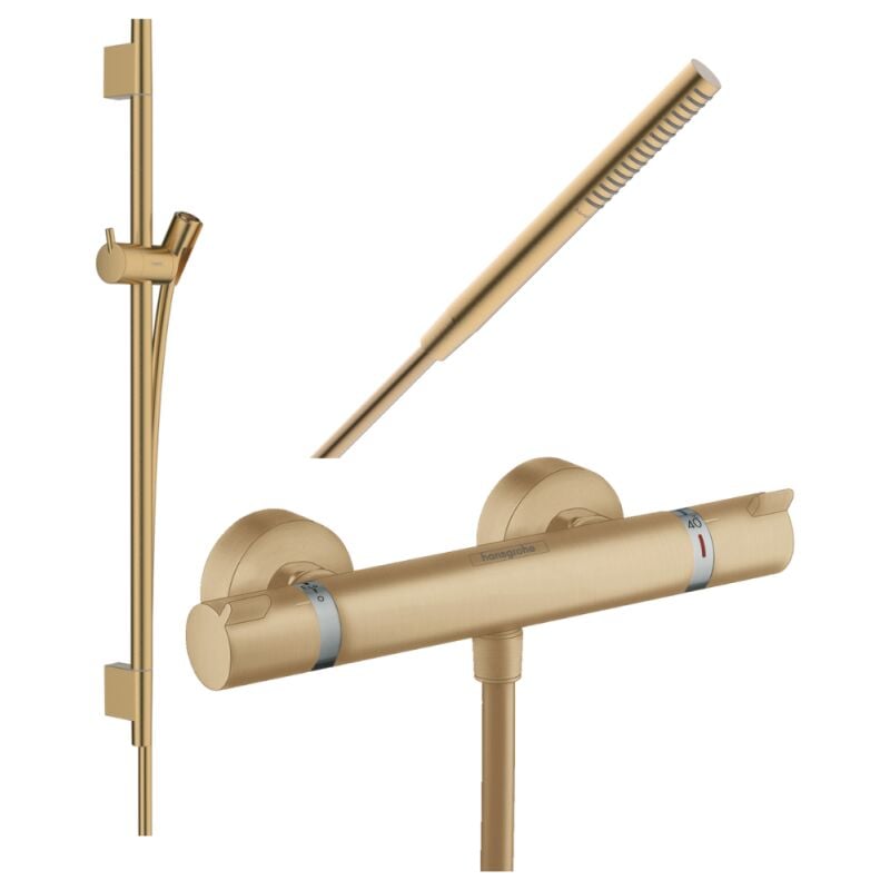 Pack mitigeur douche thermostatique Hansgrohe Ecostat Comfort + Barre Unica s Puro + flexible + Pommeau Pulsify s bronze brossé