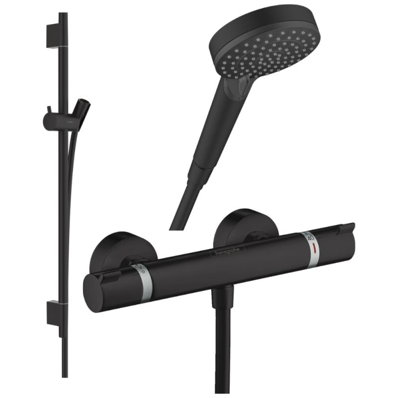 Hansgrohe - Pack mitigeur douche thermostatique Ecostat Comfort + Barre Unica s Puro + flexible+ Pommeau Vernis Blend Vario noir mat