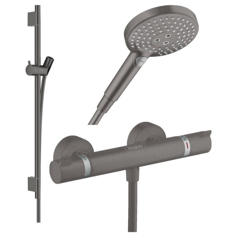 Pack mitigeur douche thermostatique HANSGROHE Ecostat Comfort + Barre Unica+flexible+ Pommeau Raindance 3jets noir chromé brossé