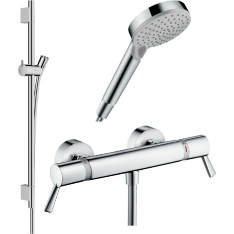 Pack mitigeur douche thermostatique HANSGROHE Ecostat Comfort Care +Barre UnicaS Puro +flexible+ Pommeau Vernis Blend Vario chromé