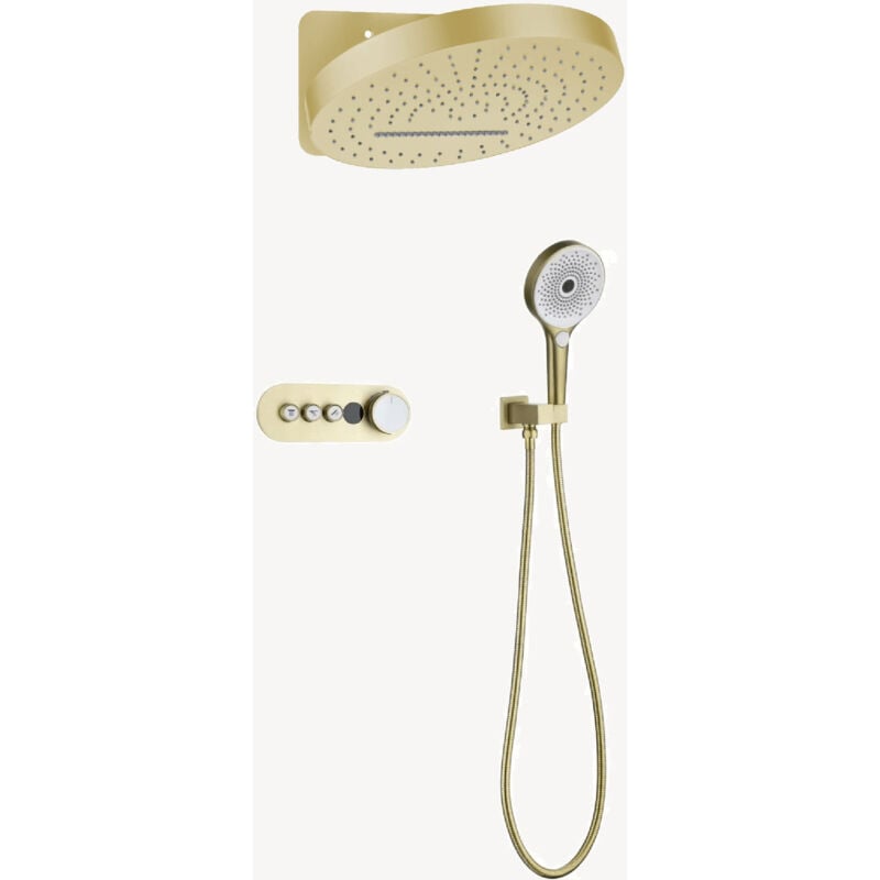 Pack mitigeur thermostatique de douche encastrée ronde cascade - Doré brossé