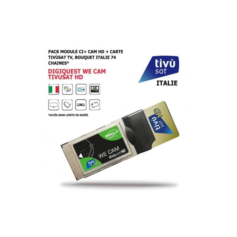 Pack Module CI+ We Cam Tivusat HD + Carte Bouquet Tv Italien Digiquest 74 chaines, HD, via le Satellite HOTBIRD 13 EST
