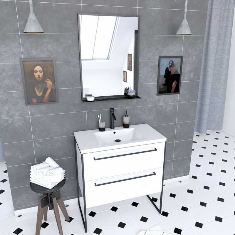 

PACK MUEBLE BAÑO 80x50CM BLANCO - 2 CAJONES BLANCOS + LAVABO RESINA BLANCA Y ESPEJO NEGRO MATE - STRUCTURA P012