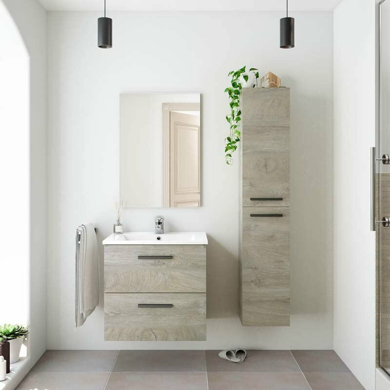 

Pack Mueble baño 2 cajones con Espejo, Columna y Lavabo Color Roble Alaska Aseo Incluye LAVAMANOS