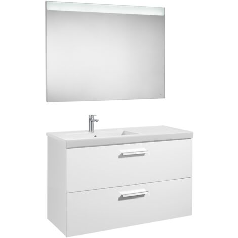 Pack mueble base con 2 cajones, lavabo y espejo LED PRISMA - ROCA Color: Blanco - Posición del lavabo: Derecha