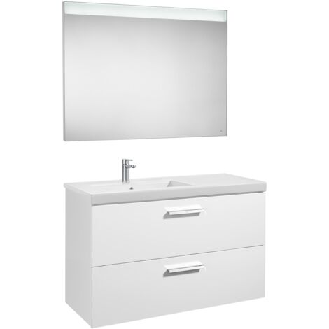 Pack mueble base con 2 cajones, lavabo y espejo LED PRISMA - ROCA Color: Blanco - Posición del lavabo: Izquierda